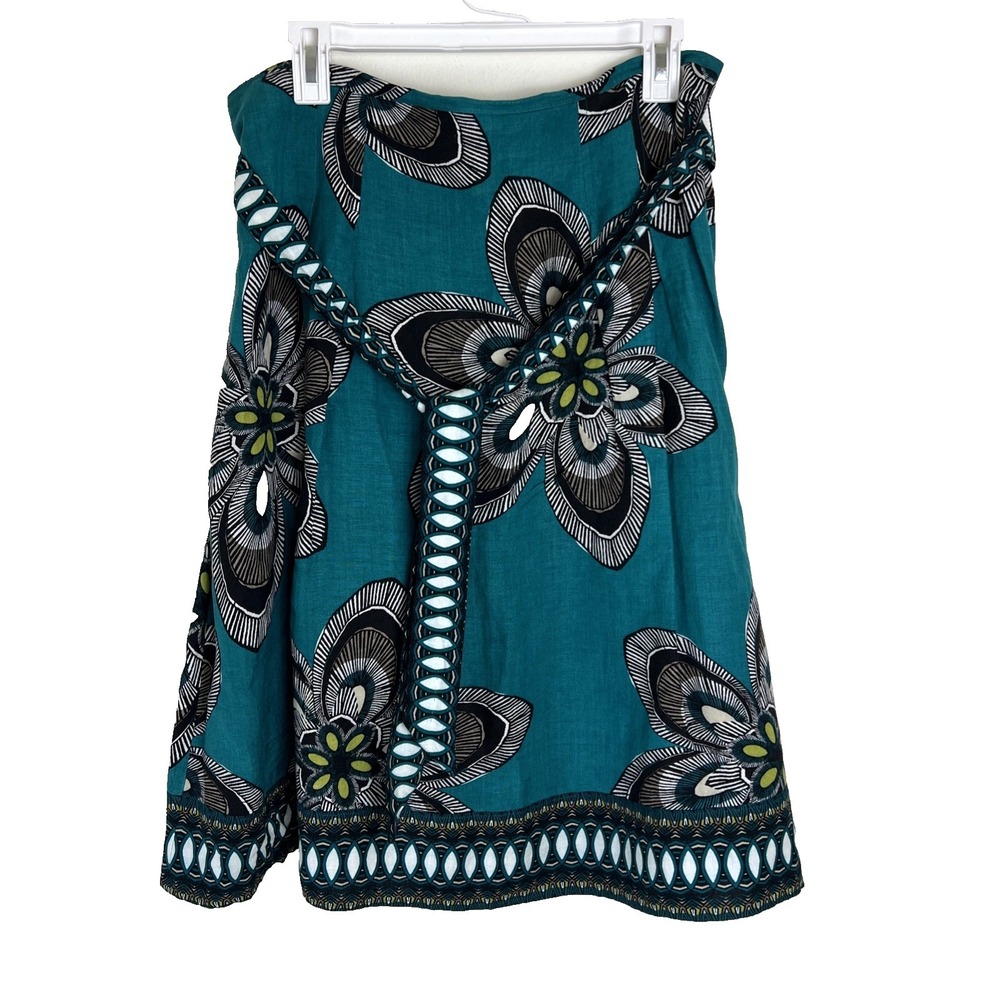 East 5th A-Line Skirt Sz 10 Boho Linen Blend Teal Floral Belt Pleated Tie Belt